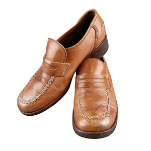 Florsheim Vintage Tan Leather Penny Loafers Made in Brazil 8W Whipstitch 70s